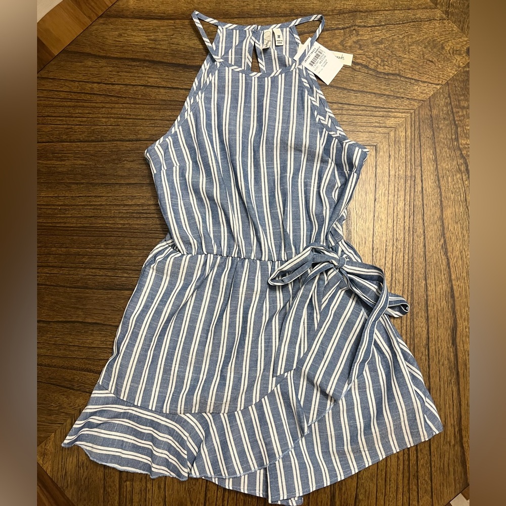 NWT Nordstrom Speechless Blue & White Striped Ruffle Wrap Front Romper Medium